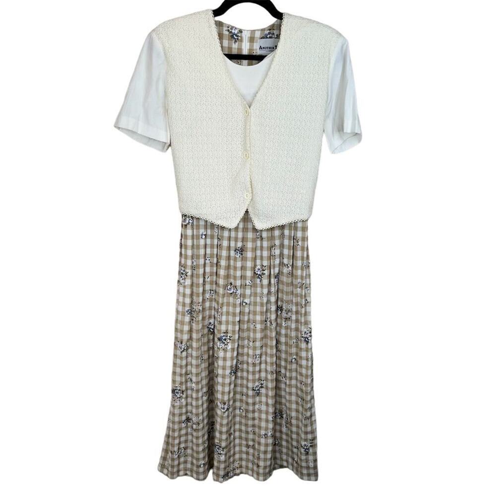 90s Vested Vintage Dress Size 12 Beige Checkered Knee Length Cottagecore